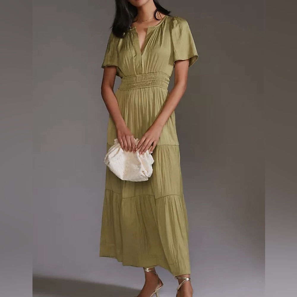 Anthropologie The Somerset Short Sleeve V-Neck Tier Green Maxi Dress S